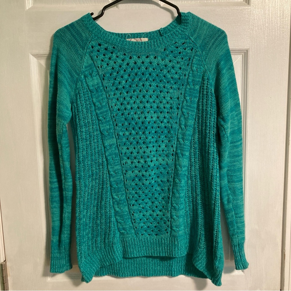 100% cotton teal cable knit sweater